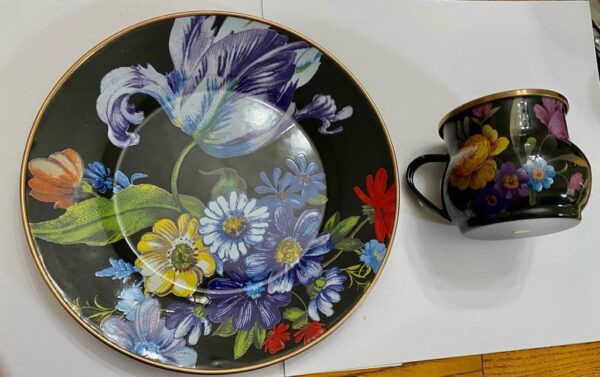 MacKenzie Childs Black Flower Market Enamelware, 2pc Dinner Set