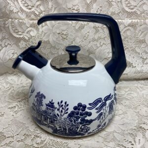 Vintage, Heritage Mint Blue Willow Enamelware Tea Kettle 9in W x 7.5in H