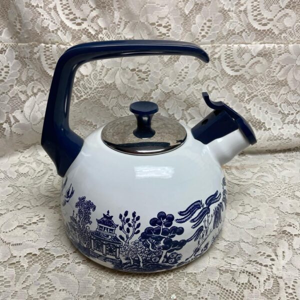 Vintage, Heritage Mint Blue Willow Enamelware Tea Kettle 9in W x 7.5in H