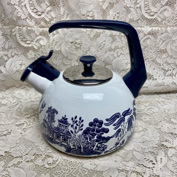 Vintage, Heritage Mint Blue Willow Enamelware Tea Kettle 9in W x 7.5in H