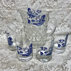 Vintage, Heavy Coin Dot Glass Blue Willow 5pc Pitcher with 4 Libbey Tumblers