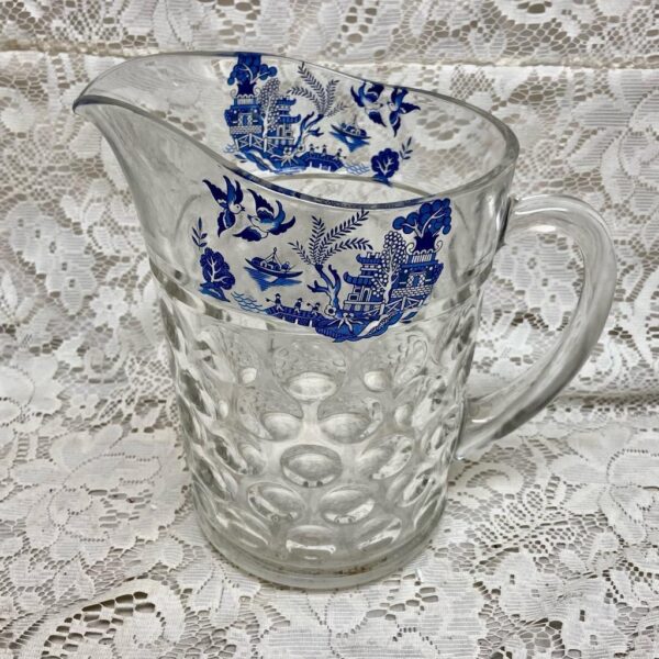 Vintage, Heavy Coin Dot Glass Blue Willow 5pc Pitcher with 4 Libbey Tumblers