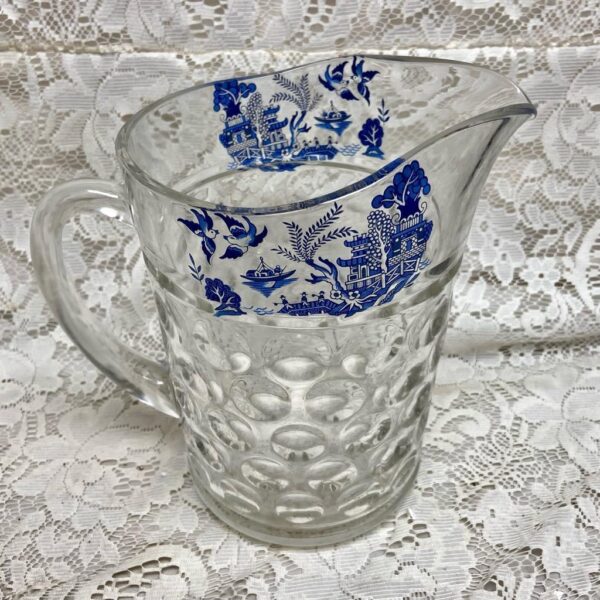 Vintage, Heavy Coin Dot Glass Blue Willow 5pc Pitcher with 4 Libbey Tumblers