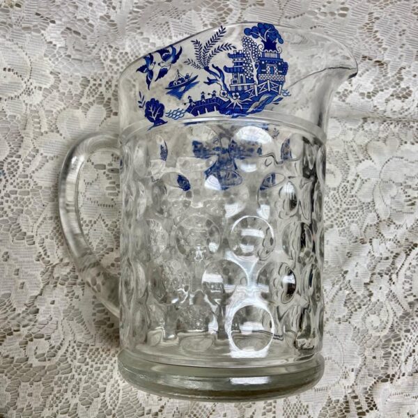 Vintage, Heavy Coin Dot Glass Blue Willow 5pc Pitcher with 4 Libbey Tumblers