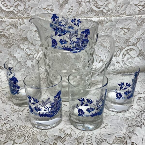 Vintage, Heavy Coin Dot Glass Blue Willow 5pc Pitcher with 4 Libbey Tumblers