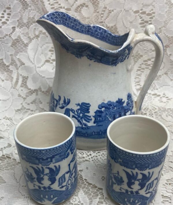 Vintage, Rare, Edge Malkin, England, Blue Willow 6.5in Pitcher, 3.5in Tumblers