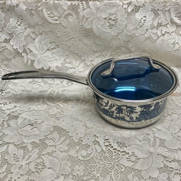 Blue Willow, Stainless Steel- Covered Sauce Pan 13.5inL x 6.5inD x 4.5inH