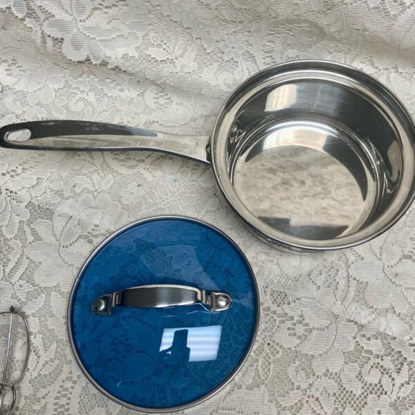 Blue Willow, Stainless Steel- Covered Sauce Pan 13.5inL x 6.5inD x 4.5inH