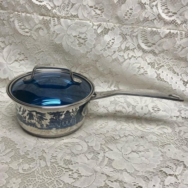 Blue Willow, Stainless Steel- Covered Sauce Pan 13.5inL x 6.5inD x 4.5inH