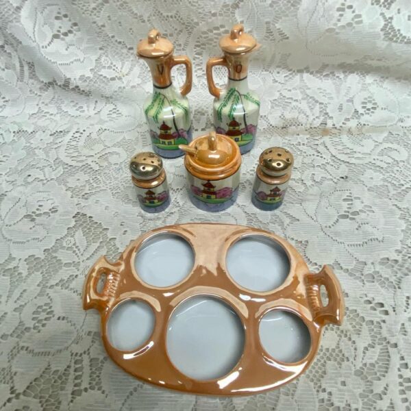 Vintage, Rare, Japan 11pc Gaudy Blue Willow Condiment Set with Wooden Handle