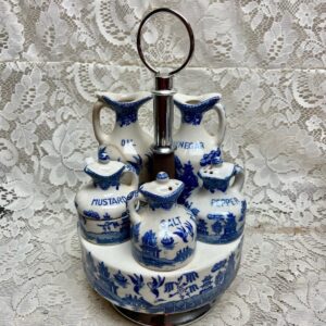 Vintage, Rare, Japan 8-pc Blue Willow Condiment Set with Ceramic n Chrome Stand