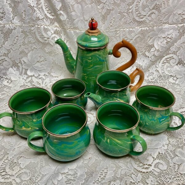 1995 Camp MacKenzie Childs Ltd., Green Marble Enamelware, 8pcTea or CampSet