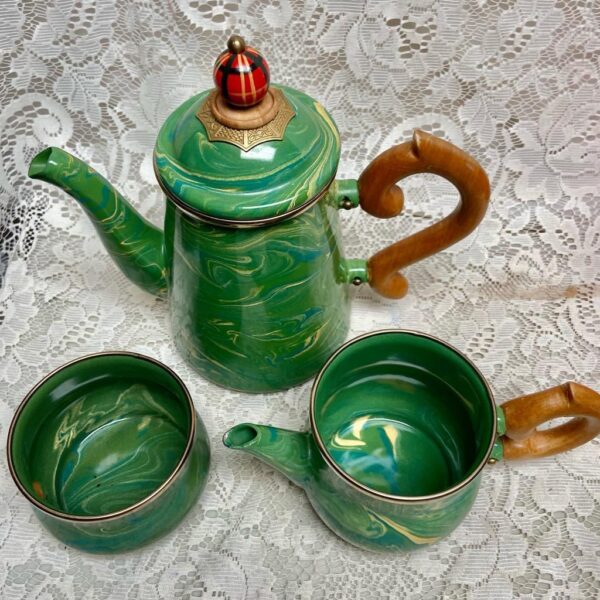 1995 Camp MacKenzie Childs Ltd., Green Marble Enamelware, 8pcTea or CampSet