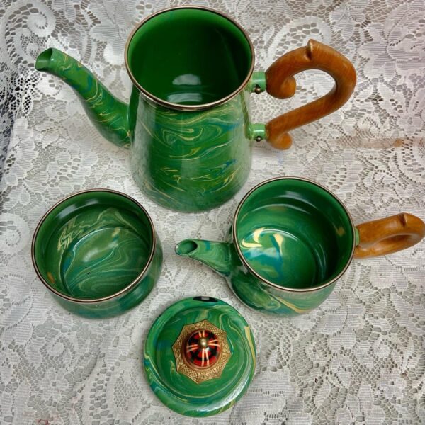 1995 Camp MacKenzie Childs Ltd., Green Marble Enamelware, 8pcTea or CampSet