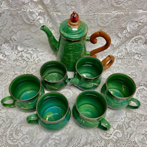 1995 Camp MacKenzie Childs Ltd., Green Marble Enamelware, 8pcTea or CampSet