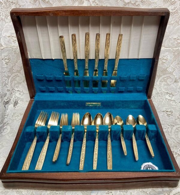 Vintage, 29-pc Rogers, Korea Gold Plated Flatware Service for 6 with Box