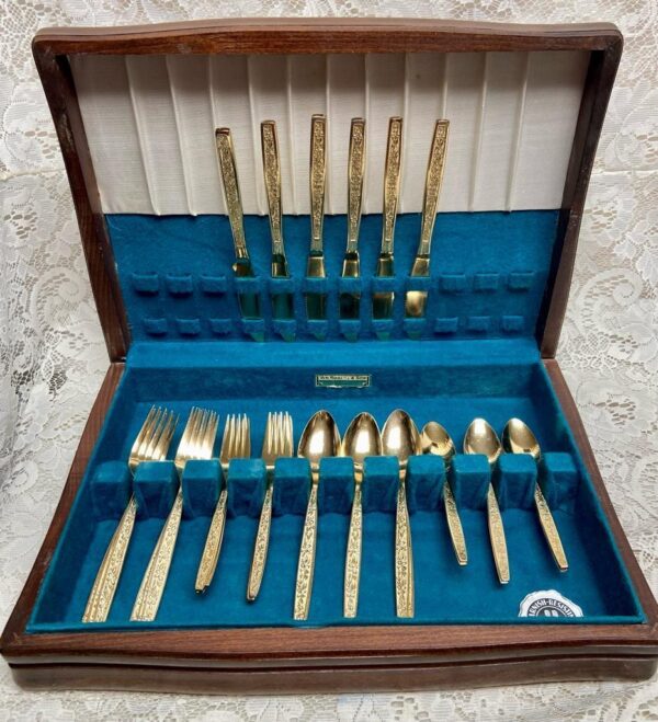 Vintage, 29-pc Rogers, Korea Gold Plated Flatware Service for 6 with Box