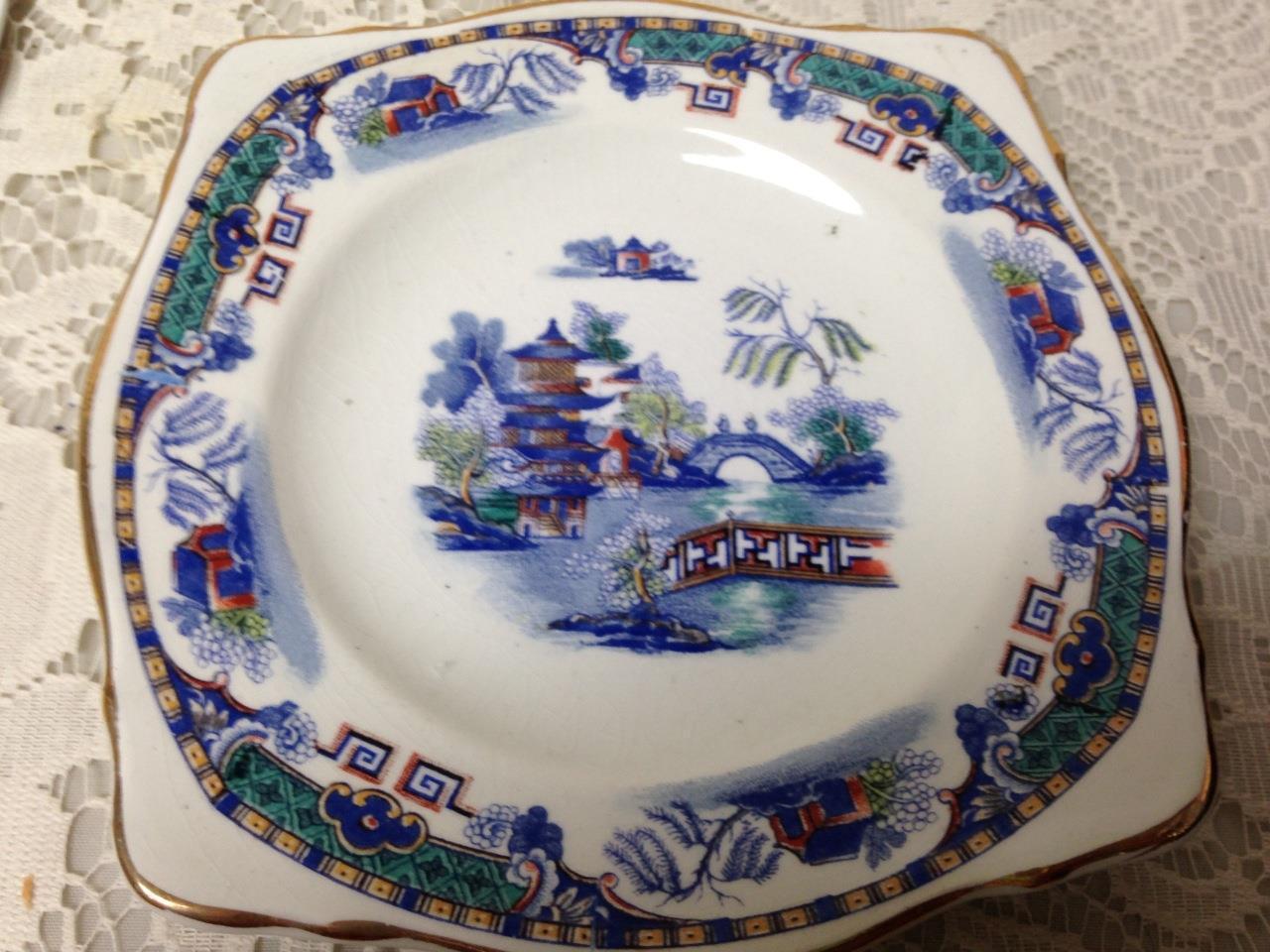 Vintage, Parrot Pattern, England, Gaudy Blue Willow Bread-Sandwich Plate 6in Sq.