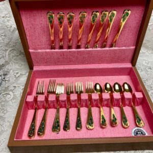 Vintage, 32-pc Holly Berry Japan Gold Plated Flatware, Service for 8 with Box