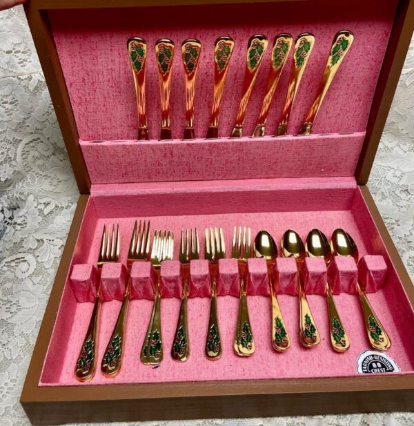 Vintage, 32-pc Holly Berry Japan Gold Plated Flatware, Service for 8 with Box