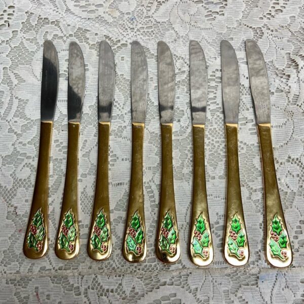 Vintage, 32-pc Holly Berry Japan Gold Plated Flatware, Service for 8 with Box