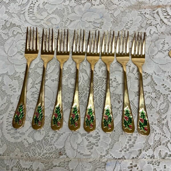 Vintage, 32-pc Holly Berry Japan Gold Plated Flatware, Service for 8 with Box