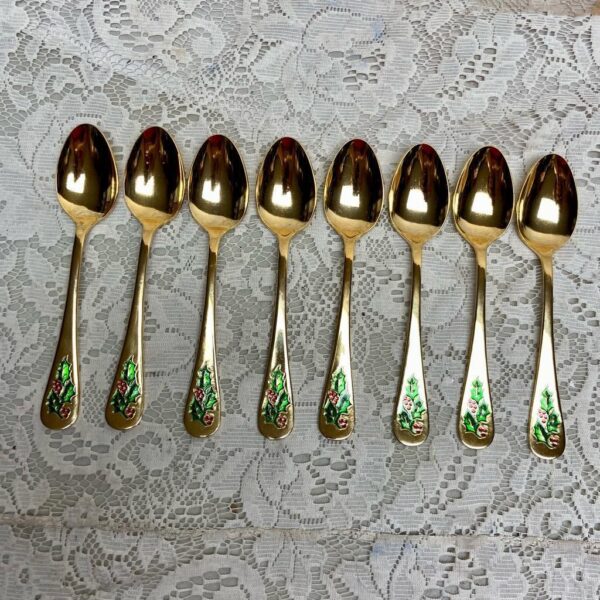 Vintage, 32-pc Holly Berry Japan Gold Plated Flatware, Service for 8 with Box