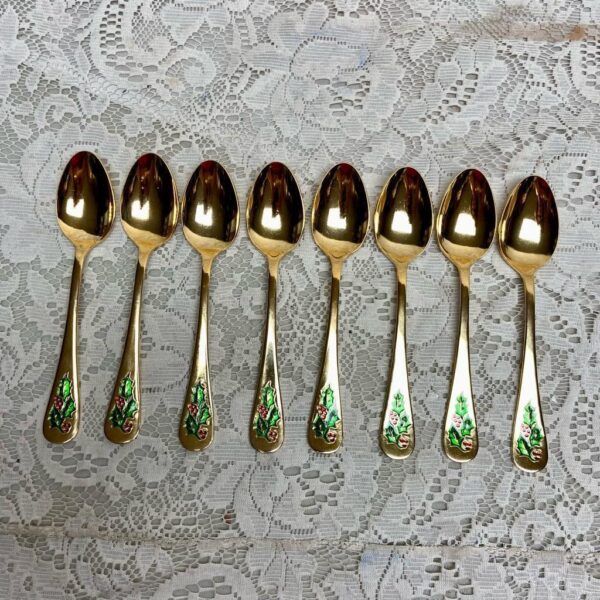 Vintage, 32-pc Holly Berry Japan Gold Plated Flatware, Service for 8 with Box