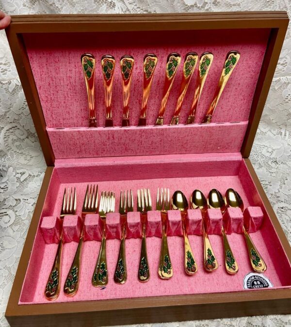 Vintage, 32-pc Holly Berry Japan Gold Plated Flatware, Service for 8 with Box