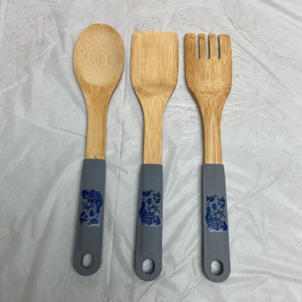 Lot of 3 Blue Willow Ladle Set with Gray Rubber Handle 12in and 2.5in (B)