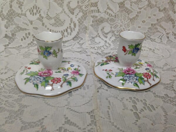 Vintage, England, 2pc Crown Staffordshire GaudyBlue Willow Candle Holder