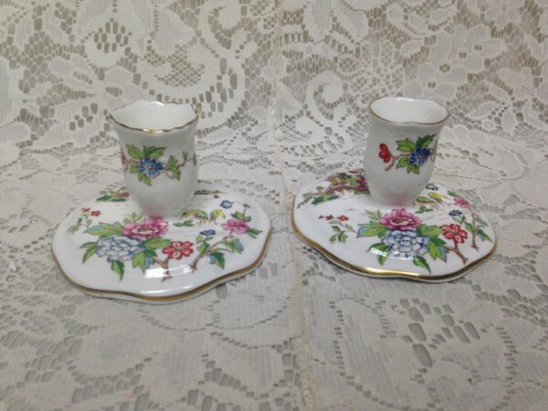 Vintage, England, 2pc Crown Staffordshire GaudyBlue Willow Candle Holder