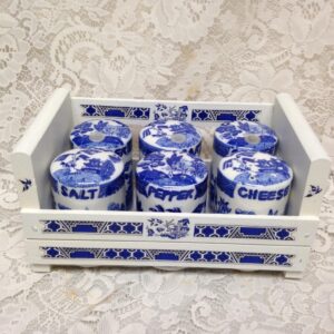 Vintage, Rare, 6-pc Blue Willow Round Shaker Set 4in x 3in each w/ Wooden Shelf