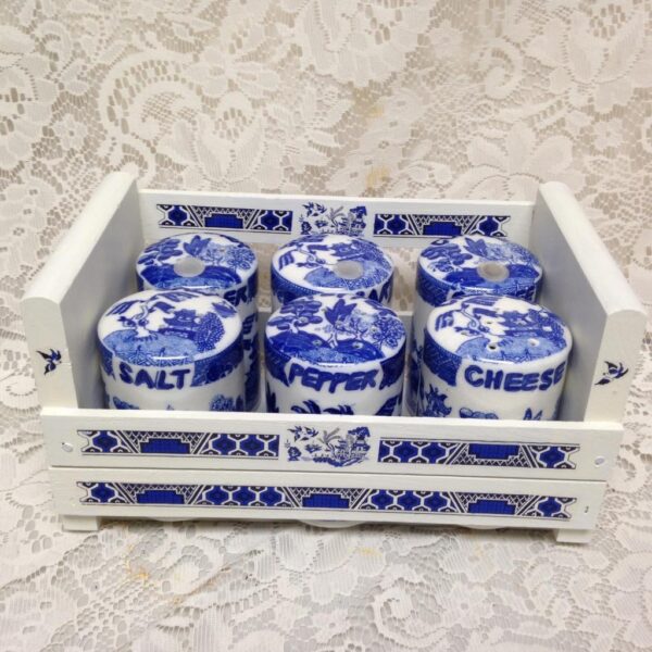 Vintage, Rare, 6-pc Blue Willow Round Shaker Set 4in x 3in each w/ Wooden Shelf