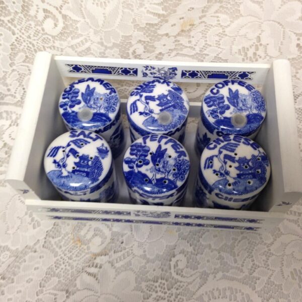 Vintage, Rare, 6-pc Blue Willow Round Shaker Set 4in x 3in each w/ Wooden Shelf