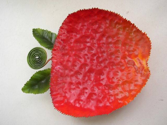 Beautiful, Red Enamel on Metal, Figural Strawberry Sweet Dish 8.75in L x 7.5in W