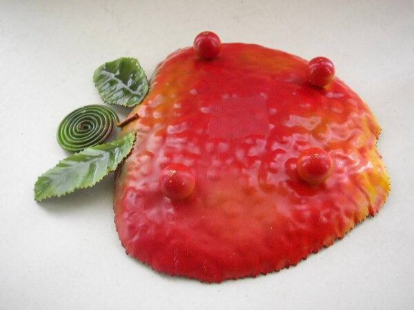 Beautiful, Red Enamel on Metal, Figural Strawberry Sweet Dish 8.75in L x 7.5in W