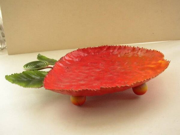 Beautiful, Red Enamel on Metal, Figural Strawberry Sweet Dish 8.75in L x 7.5in W