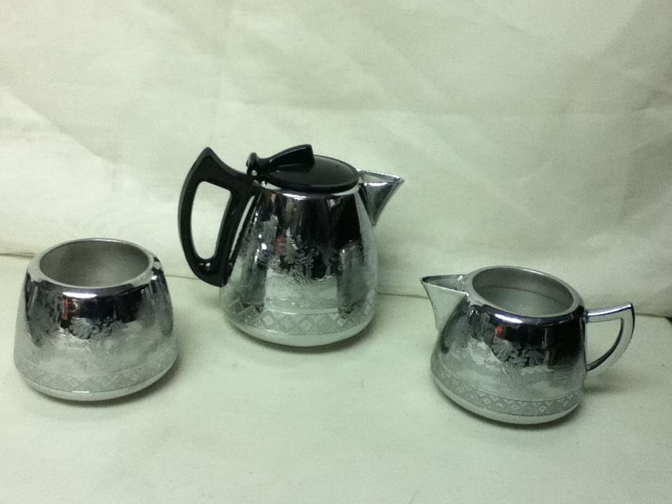 Vintage, Rare, England, Willoware, Swan Chromalin Brand, 4-pc Chrome Tea Set