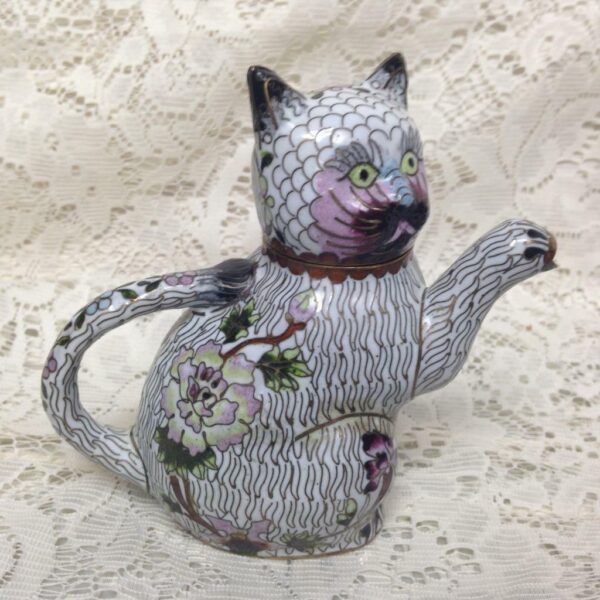 Vintage, Rare, Figural Cat Cloissone' Teapot 5.5 in L x 5in H x 3in W