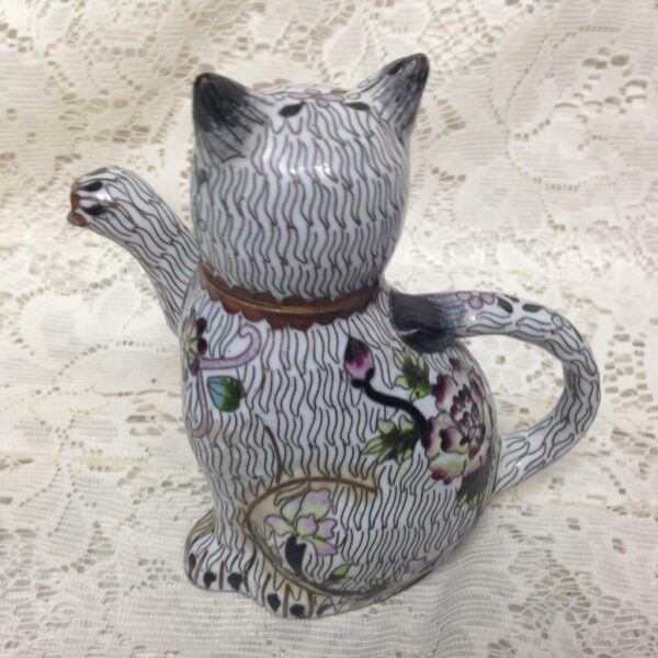 Vintage, Rare, Figural Cat Cloissone' Teapot 5.5 in L x 5in H x 3in W