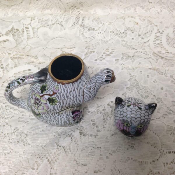 Vintage, Rare, Figural Cat Cloissone' Teapot 5.5 in L x 5in H x 3in W