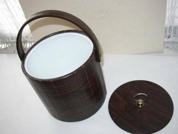 Vintage Barware, 1960s Wood Grain Ice Bucket 9in x 8in