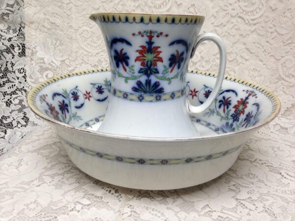 Vintage Rare Bisto-England, Flow Blue Floral XL 16in Wash Bowl-9.5in Pitcher Set