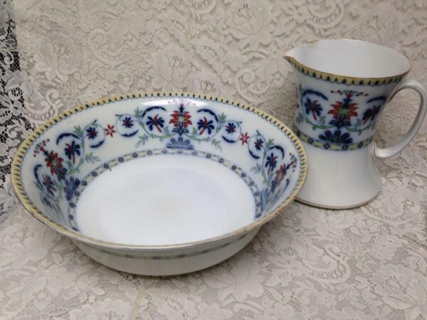 Vintage Rare Bisto-England, Flow Blue Floral XL 16in Wash Bowl-9.5in Pitcher Set