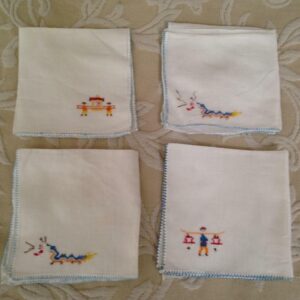 Vintage, Handcrafted Needlework, Oriental Table Napkins or Hankies 9.5in Sq