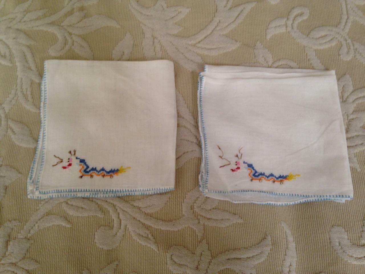 Vintage, Handcrafted Needlework, Oriental Table Napkins or Hankies 9.5in Sq