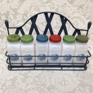 Vintage, 6-pc Blue Willow Milk Glass, Spice Jar Set with Metal Rack