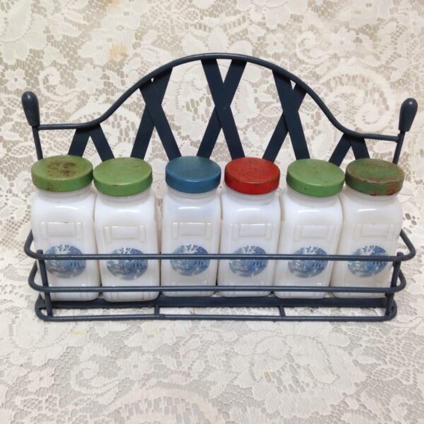 Vintage, 6-pc Blue Willow Milk Glass, Spice Jar Set with Metal Rack