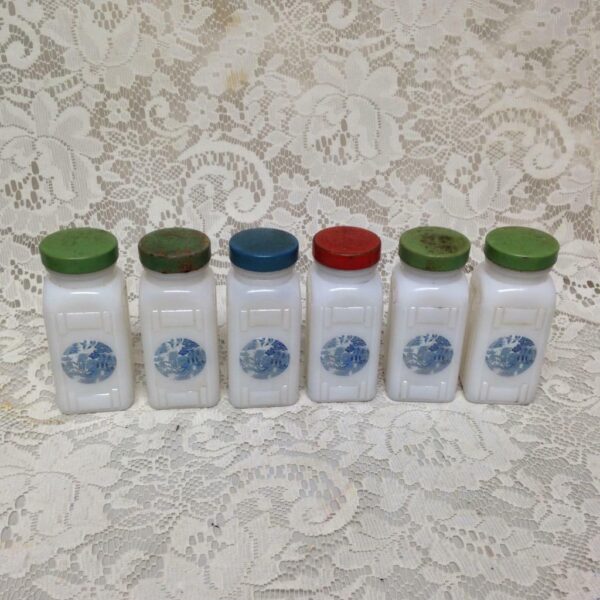 Vintage, 6-pc Blue Willow Milk Glass, Spice Jar Set with Metal Rack